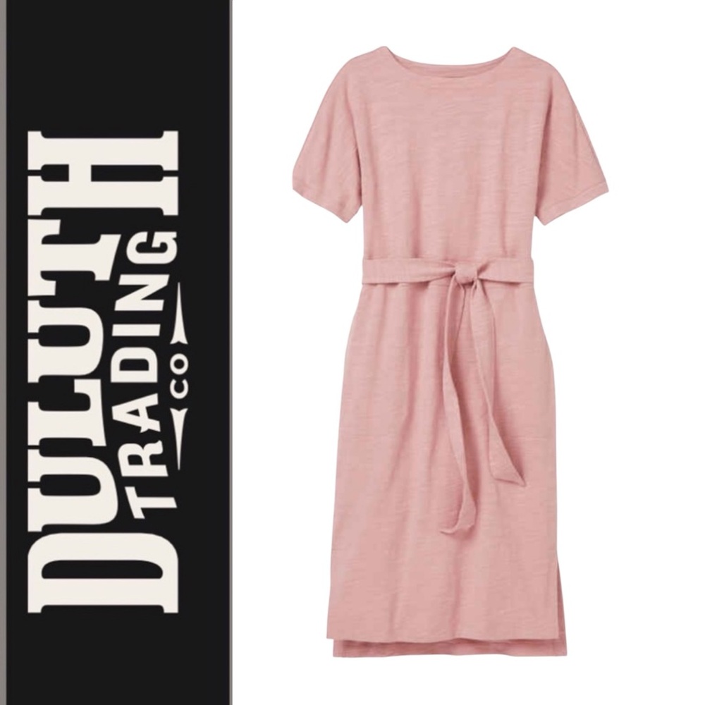 Duluth Trading Muted Pink Short Sleeve Tie Waist Midi Dress Pockets‎ Comfort  XS